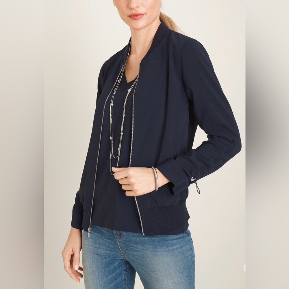 Chico’s Women’s Navy Ruched-Sleeve Bomber Light Weight Jacket Sz. 1